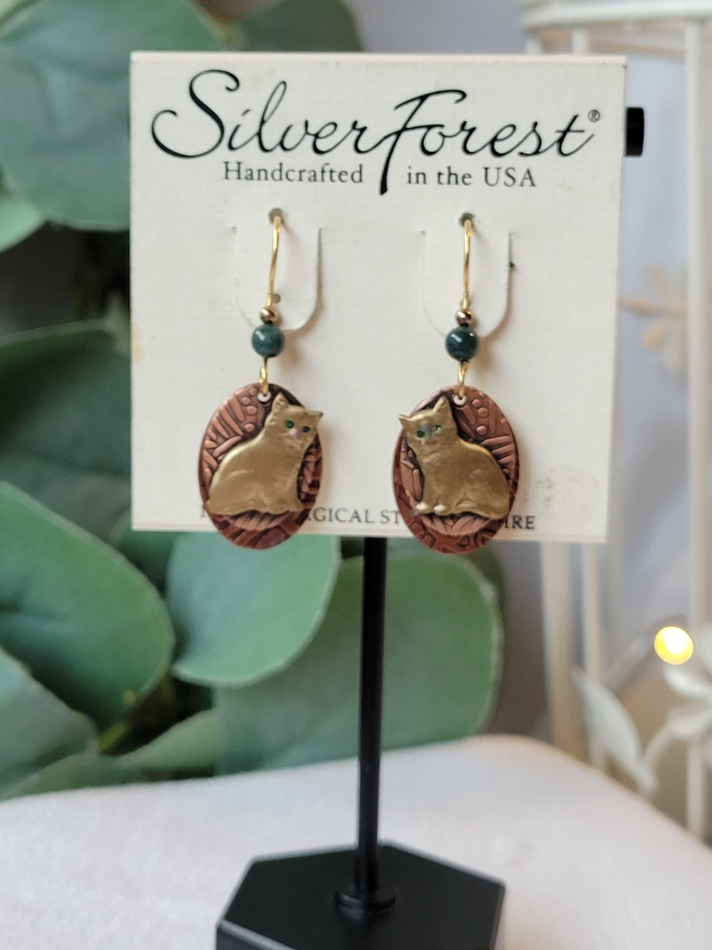Silver Forest Green & Copper Cat Drop Earrings
